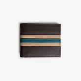 Dark Brown Leather Bifold Wallet with Teal & Tan Stripe