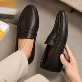 Men's Dark Brown Penny Loafers-Pebble Grain Leather Moccasin