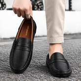 Men's Black Penny Loafers-Natural Pebble Grain Leather Moccasin