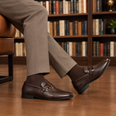 Men's Dark Brown Double-Strap Loafers-Fine Pebble Grain Leather