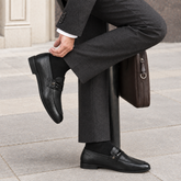 Men's Black Strap Dress Loafers-Pebble Grain Leather with Smooth Contrast