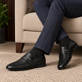 Men's Black Penny Loafers-Fine Pebble Grain Leather Formal Slip-On
