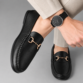Men's Black Horsebit Casual Loafers-Fine Pebble Grain Leather