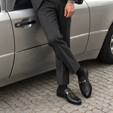 Men's Black Horsebit Loafers-Pebble Grain Leather with Gold-Tone Bit