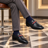Men's Black Horsebit Web-Strap Loafers-Pebble Grain Leather