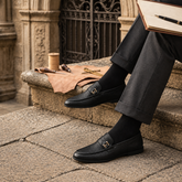Men's Black Perforated Horsebit Loafers-Pebble Grain Leather Dress Shoes
